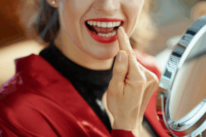 Woman examining her teeth in small mirror